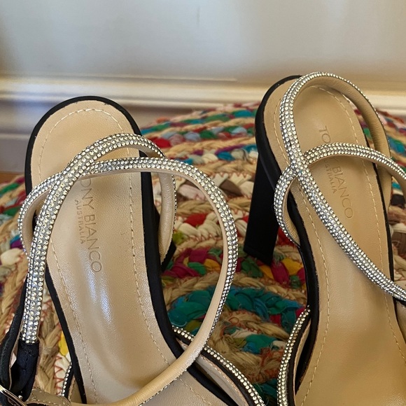 NWT Tony Bianco Emery Black Satin Heels with Silver Sparkling Strap - Picture 3 of 7